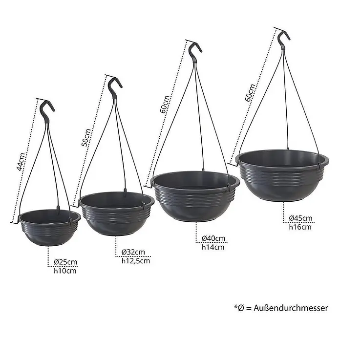 Plastard Blumenampel Ø 25 cm in Anthrazit mit Aufhänger, Deko Pflanzschale - 1 Stk., Außenmaß (Ø x H): 25 x 10 cm, Kunststoff, Anthrazit - Vier dunkelgraue Hängetöpfe mit Aufhänghaken, in verschiedenen Größen von 25cm bis 45cm Durchmesser dargestellt.