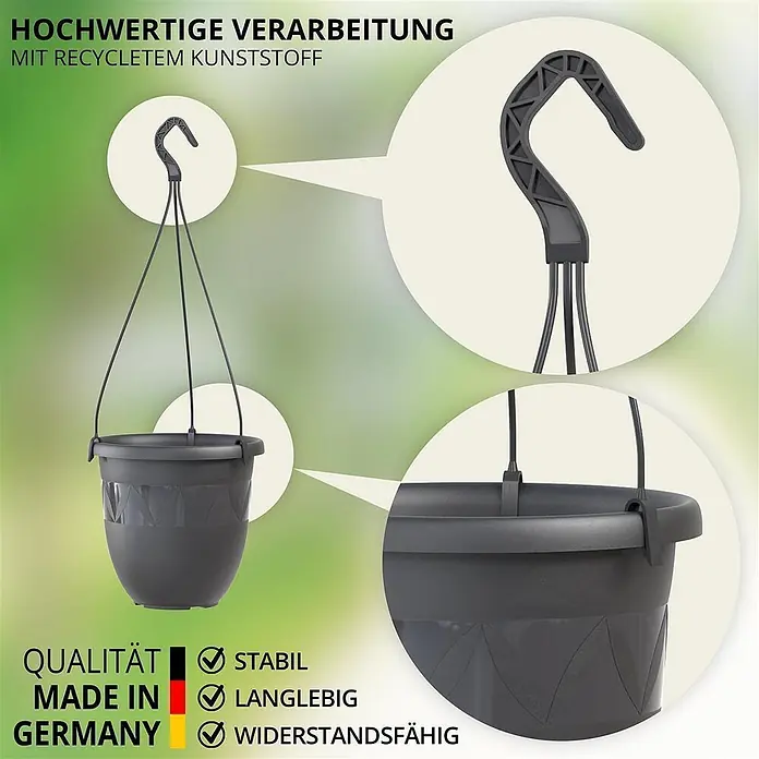 Plastard Blumenampel Ø 15 cm in Anthrazit mit Aufhänger, Deko Blumentopf - 1 Stk., Außenmaß (Ø x H): 15 x 13 cm, Kunststoff, Anthrazit - Dunkelgraue Blumenampel aus recyceltem Kunststoff mit Aufhängehaken.