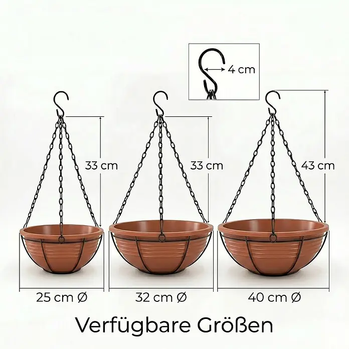 Plastard Pflanzschale rund 3er-Set Ø 32 cm mit Metallkorb hängend Terrakotta - 3 Stk., Außenmaß (Ø x H): 32 x 12,5 cm, Kunststoff, Terrakotta - Set aus drei braunen Kunststoff-Hängekörben mit schwarzen Ketten, erhältlich in 25, 32 und 40 cm Durchmesser.