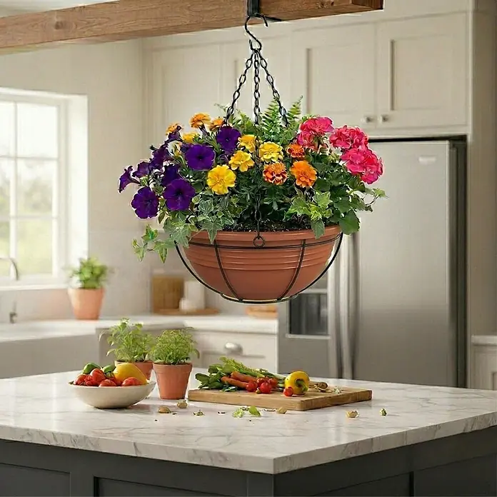 Plastard Pflanzschale rund 3er-Set Ø 32 cm mit Metallkorb hängend Terrakotta - 3 Stk., Außenmaß (Ø x H): 32 x 12,5 cm, Kunststoff, Terrakotta - Terrakottafarbener Hängepflanzgefäß mit bunten Blumen, von einem Balken in der Küche hängend.