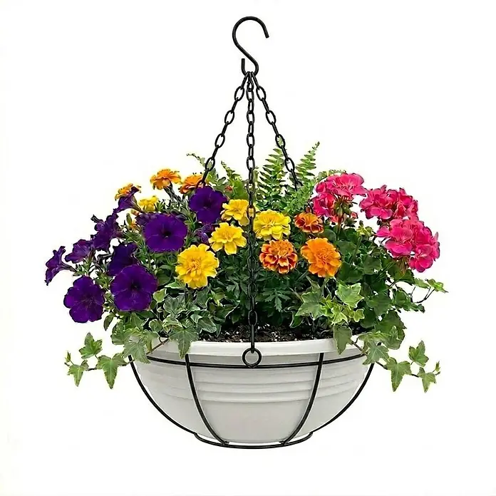 Plastard Pflanzschale rund Ø 32 cm mit Metallkorb Weiß Blumenschale hängend - 1 Stk., Außenmaß (Ø x H): 32 x 12,5 cm, Kunststoff, Weiß - Weißer Hängekorb mit bunten Blumen, schwarzer Metallkette und -rahmen.