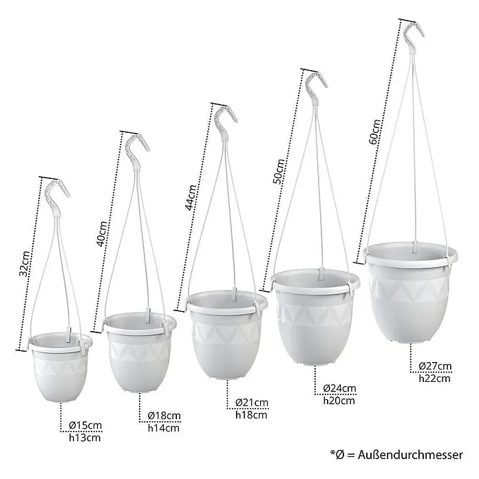 Plastard Blumenampel Ø 21 cm in Weiß mit Aufhänger, Deko Blumentopf - 1 Stk., Außenmaß (Ø x H): 21 x 18 cm, Kunststoff, Weiß - Fünf weiße Kunststoff-Hängepflanzentöpfe mit Haken in verschiedenen Größen.