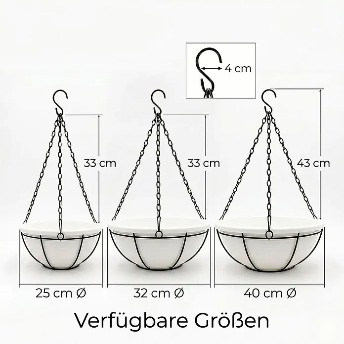 Plastard Pflanzschale rund 3er-Set Ø 40 cm mit Metallkorb hängend Weiß - 3 Stk., Außenmaß (Ø x H): 40 x 14 cm, Kunststoff, Weiß - Drei weiße Hängepflanzgefäße mit schwarzen Metallketten und -rahmen, in drei verschiedenen Größen mit Maßangaben dargestellt.