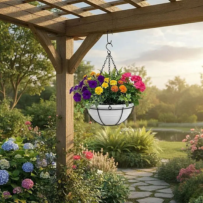 Plastard Pflanzschale rund 3er-Set Ø 40 cm mit Metallkorb hängend Weiß - 3 Stk., Außenmaß (Ø x H): 40 x 14 cm, Kunststoff, Weiß - Weißer Hängetopf mit bunten Blumen, aufgehängt an einer Holzpergola im Garten.