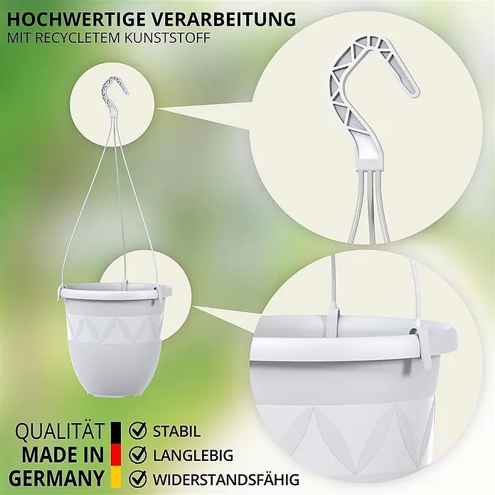 Plastard Blumenampel Ø 21 cm in Weiß mit Aufhänger, Deko Blumentopf - 1 Stk., Außenmaß (Ø x H): 21 x 18 cm, Kunststoff, Weiß - Weißer Hängepflanzentopf aus recyceltem Kunststoff, mit Detailaufnahmen von Haken und strukturierter Oberfläche.