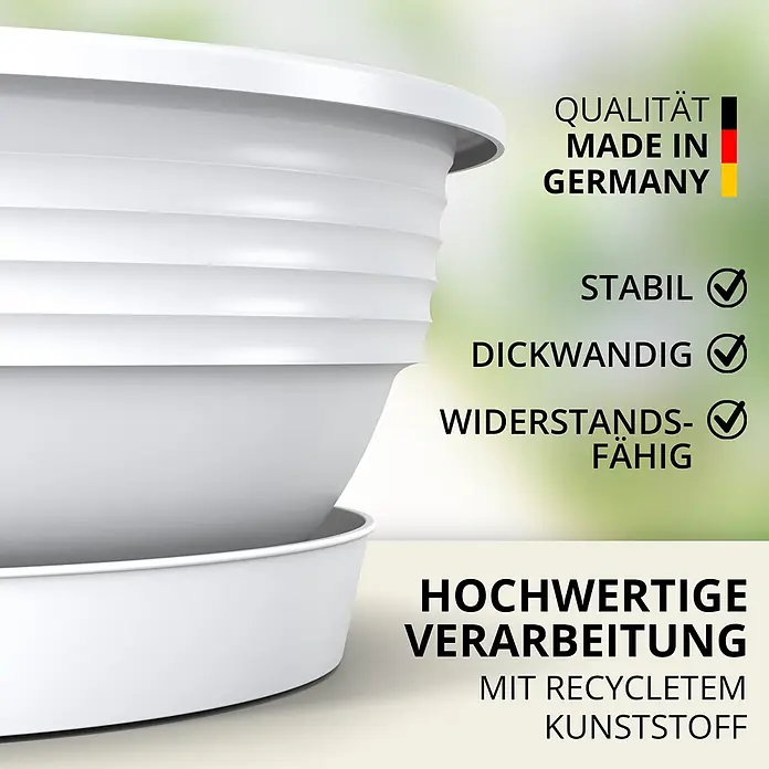 Plastard Pflanzschale rund 3er-Set Ø 40 cm mit Metallkorb hängend Weiß - 3 Stk., Außenmaß (Ø x H): 40 x 14 cm, Kunststoff, Weiß - Weiße Pflanztöpfe aus recyceltem Kunststoff mit passendem Untersetzer, stabil und widerstandsfähig.
