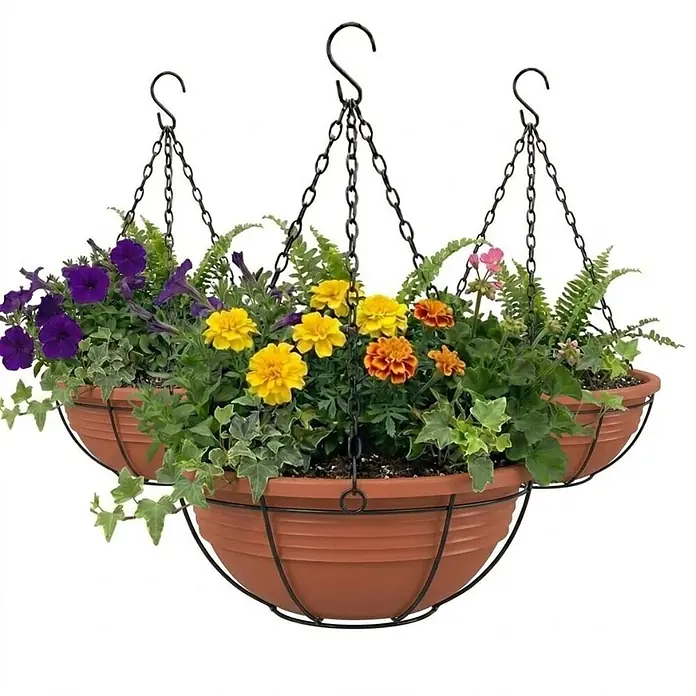 Plastard Pflanzschale rund 3er-Set Ø 32 cm mit Metallkorb hängend Terrakotta - 3 Stk., Außenmaß (Ø x H): 32 x 12,5 cm, Kunststoff, Terrakotta - Drei terrakottafarbene Kunststoff-Hängekörbe mit schwarzen Metallketten und -rahmen, gefüllt mit leuchtend violetten, gelben und orangefarbenen Blumen und Grün.