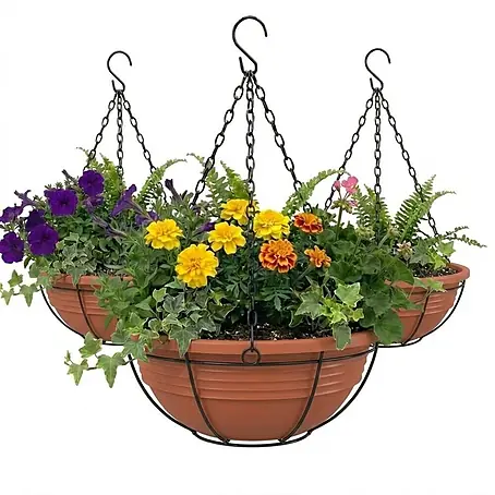 Plastard  Pflanzschale rund 3er-Set Ø 40 cm mit Metallkorb hängend Terrakotta