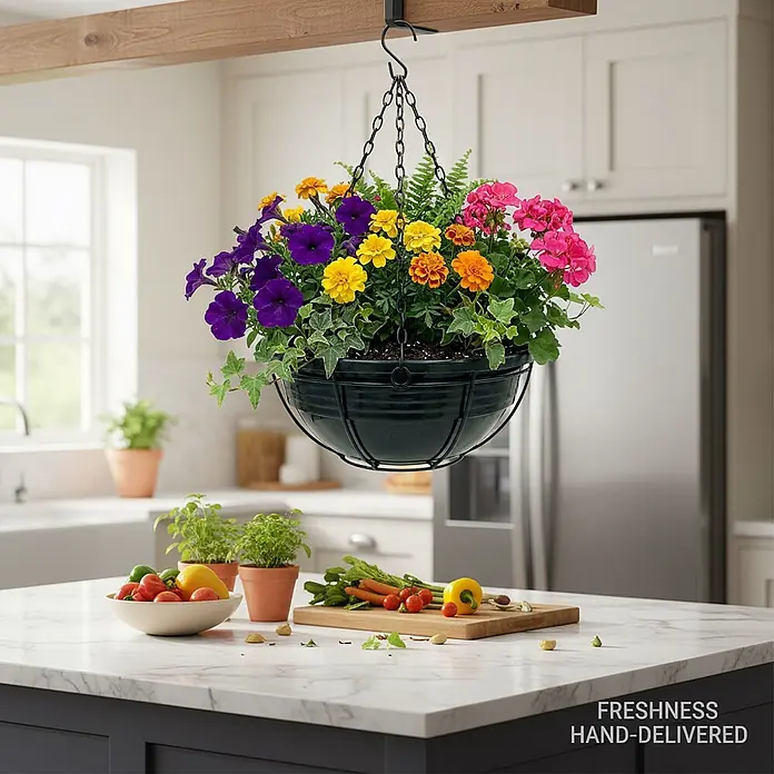 Plastard Pflanzschale rund Ø 32 cm mit Metallkorb Anthrazit Blumenschale hängend - 1 Stk., Außenmaß (Ø x H): 32 x 12,5 cm, Kunststoff, Anthrazit - Schwarzer Metall-Hängekorb mit bunten Blumen und Efeu, an einem Holzbalken in einer Küche aufgehängt.