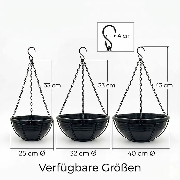 Plastard Pflanzschale rund Ø 40 cm mit Metallkorb Anthrazit Blumenschale hängend - 1 Stk., Außenmaß (Ø x H): 40 x 14 cm, Kunststoff, Anthrazit - Drei schwarze Metall-Hängekörbe mit Ketten, in 25, 32 und 40 cm Durchmesser, mit Kettenlängen von 33 und 43 cm.