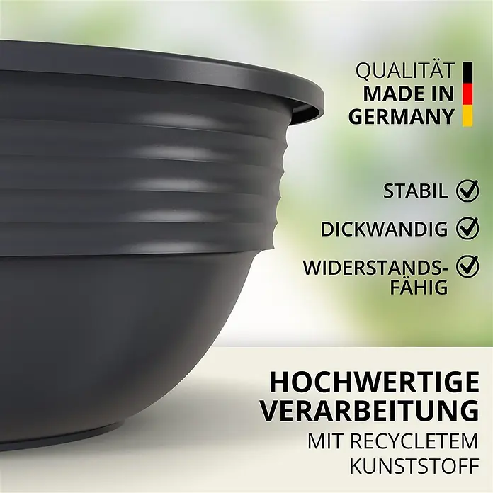 Plastard Pflanzschale rund Ø 40 cm mit Metallkorb Anthrazit Blumenschale hängend - 1 Stk., Außenmaß (Ø x H): 40 x 14 cm, Kunststoff, Anthrazit - Dunkelgrauer Pflanztopf aus recyceltem, stabilem Kunststoff mit Rillenstruktur.