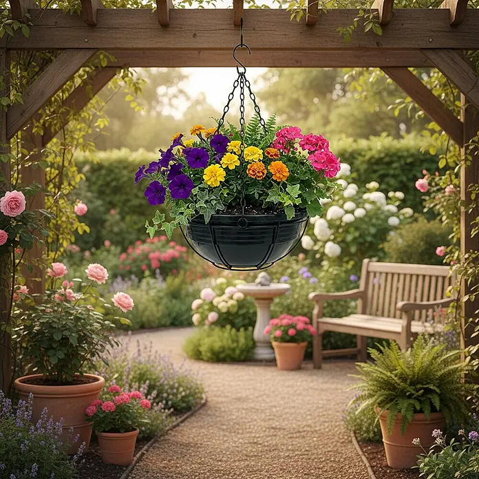Plastard Pflanzschale rund Ø 25 cm mit Metallkorb Anthrazit Blumenschale hängend - 1 Stk., Außenmaß (Ø x H): 25 x 10 cm, Kunststoff, Anthrazit - Schwarzer Metall-Hängekorb gefüllt mit bunten Blumen, aufgehängt an einer Holzpergola.