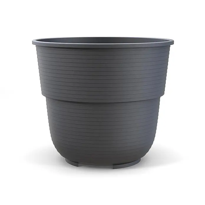 Plastard Pflanztopf Ø 20 cm in Anthrazit für Garten Balkon Terrasse - Kunststoff - Dunkelgrauer Kunststoffpflanztopf mit geriffelter Textur und kleinen Füßen.