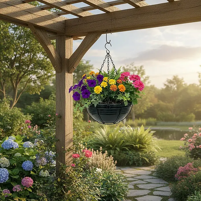 Plastard Pflanzschale rund Ø 40 cm mit Metallkorb Anthrazit Blumenschale hängend - 1 Stk., Außenmaß (Ø x H): 40 x 14 cm, Kunststoff, Anthrazit - Schwarzer Metall-Hängekorb mit bunten Blumen, von einer Holzpergola in einem Garten hängend.