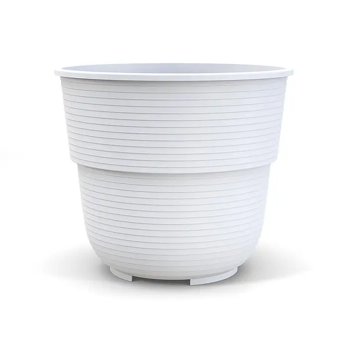 Plastard Pflanztopf Ø 28 cm in Weiß für Garten Balkon Terrasse - Kunststoff - Weißer gerippter Kunststoff-Pflanztopf mit erhöhtem Boden.