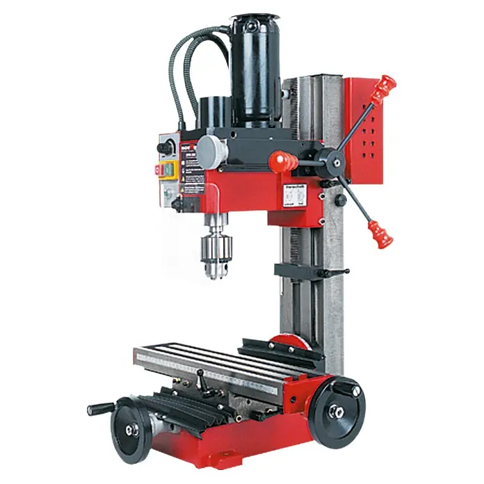 Rotwerk Bohr- & Fräsmaschine EFM 200DS - 350 W, 150 U/min - 2.500 U/min, Spannweite Bohrfutter: 1 mm - 13 mm, Größe Arbeitstisch: 390 x 95 mm - Mini-Fräsmaschine mit roter Basis, silberner Säule und schwarzem Motor. Präzisionswerkzeug für kleine Werkstätten und Modellbau.