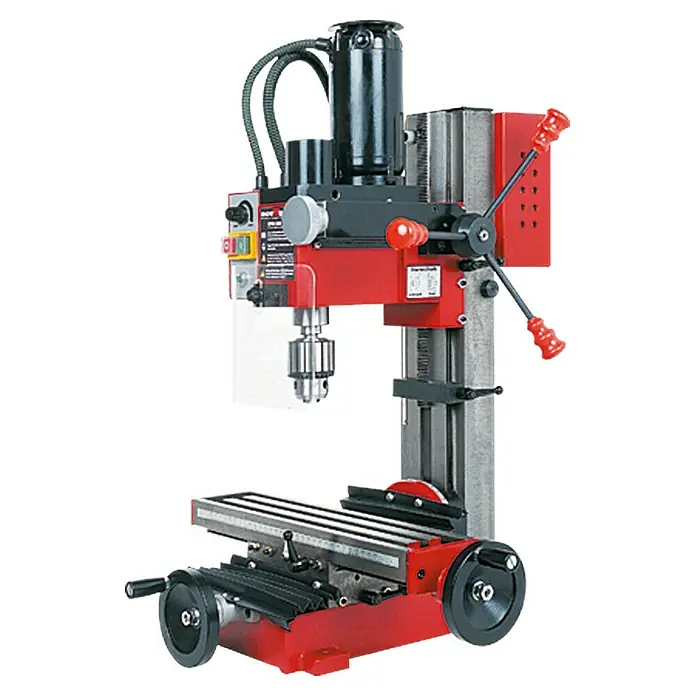 Rotwerk Bohr- & Fräsmaschine EFM 200DS - 350 W, 150 U/min - 2.500 U/min, Spannweite Bohrfutter: 1 mm - 13 mm, Größe Arbeitstisch: 390 x 95 mm - Mini-Fräsmaschine mit roter Basis, silberner Säule und schwarzem Motor. Präzisionswerkzeug für kleine Werkstätten und Modellbau.