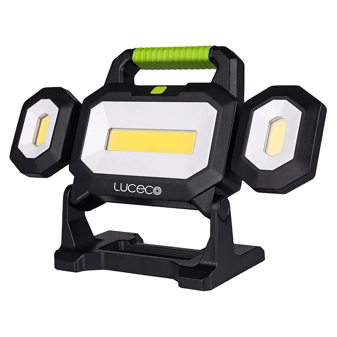 Foco de construcción LED Univolt 18W - 18 W, IP20 - Foco de trabajo LED portátil negro y verde con tres paneles ajustables y soporte robusto.