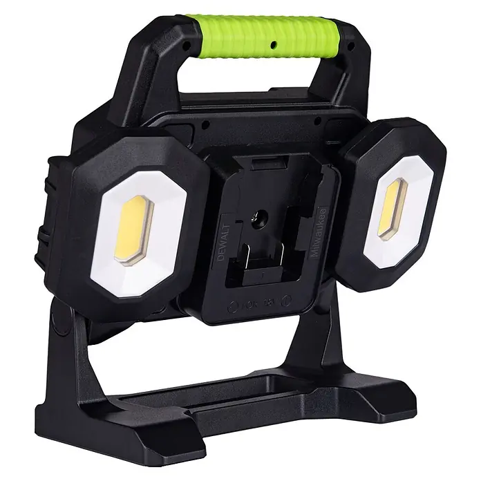 Foco de construcción LED Univolt 18W - 18 W, IP20 - Luz de trabajo negra con asa verde, dos paneles LED hexagonales y adaptador de batería DeWalt/Milwaukee 18V.