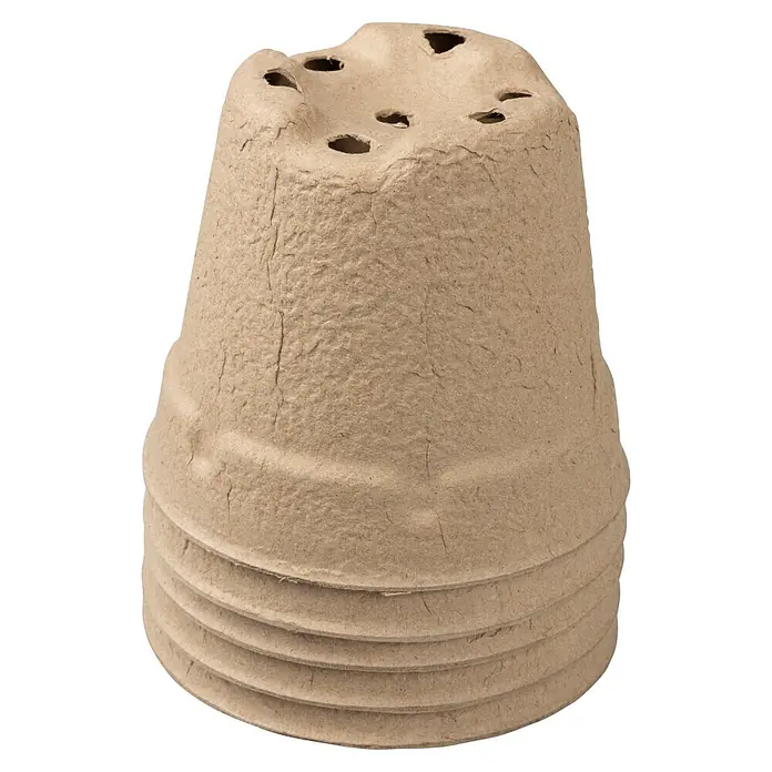 Windhager Anzuchttopf - Durchmesser: 11,5 cm, 5 Stk. - Ein hellbrauner, faseriger, biologisch abbaubarer Anzuchttopf mit mehreren Löchern oben zum Pflanzen.