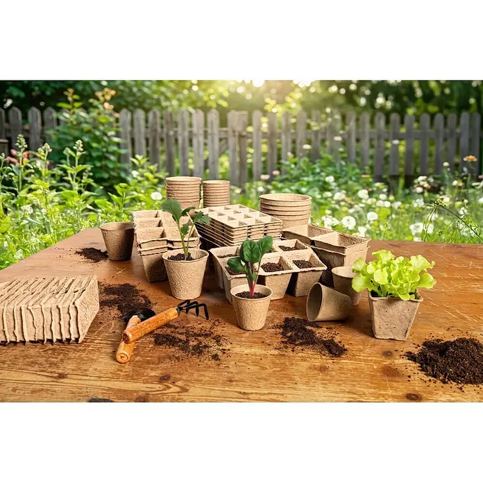 Windhager Anzuchttopf - Durchmesser: 6 cm, 24 Stk. - Biologisch abbaubare Anzuchttöpfe und -schalen mit Jungpflanzen, Gartengeräten und Erde auf einem Holztisch.
