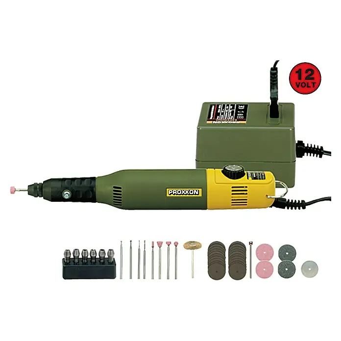 Proxxon Micromot Modellbau- & Gravier-Set 60 E - 40 W - Proxxon Feinbohrschleifer IBS/E mit Zubehör und 12-Volt-Netzteil für präzises Schleifen und Bohren.