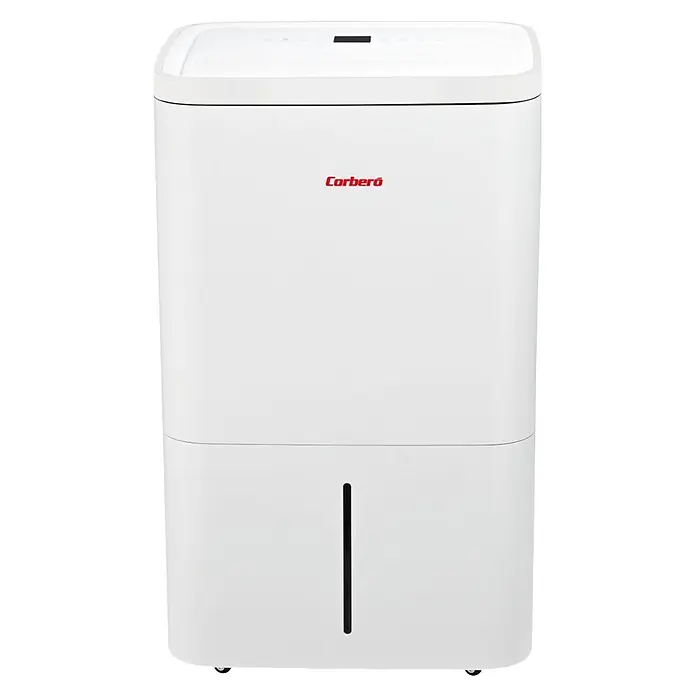 Corberó Deshumidificador eléctrico CDG80 - 1.252 W, Potencia de deshumidificación: 80 l/día, L x An x Al: 35 x 47 x 68 cm, Blanco - Deshumidificador Corberó blanco de diseño moderno con indicador de nivel de agua visible.