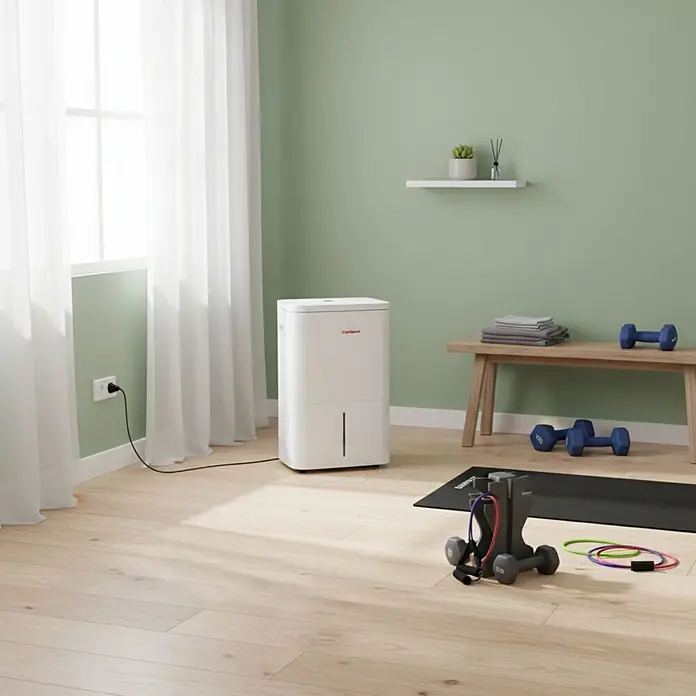 Corberó Deshumidificador eléctrico CDG80 - 1.252 W, Potencia de deshumidificación: 80 l/día, L x An x Al: 35 x 47 x 68 cm, Blanco - Deshumidificador blanco en un luminoso gimnasio en casa, cerca de una ventana y equipo de ejercicio.