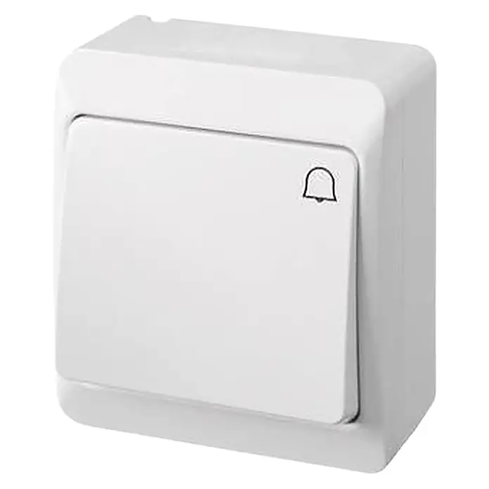 Famatel Pulsador para estancias con humedad estanco - Gris, Montaje en la pared, IP55 - Pulsador de timbre blanco con icono de campana.