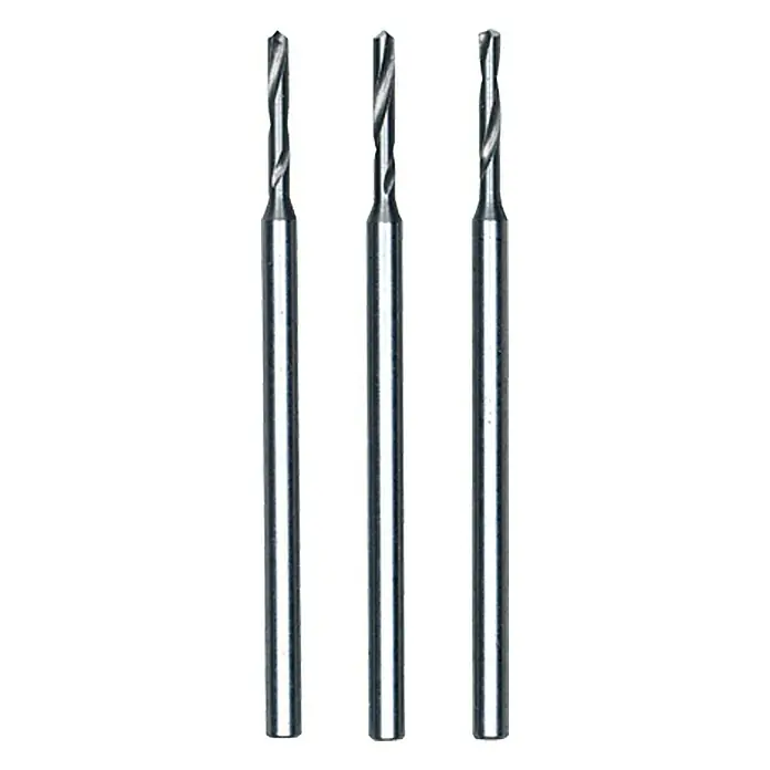 Proxxon Spiralbohrer No 28856 - 1,2 mm, HS-Stahl, 3 Stk. - Nahaufnahme von drei Spiralbohrern, die sich ideal für präzise Bohrarbeiten eignen, mit scharfen Schneiden für effiziente Ergebnisse.