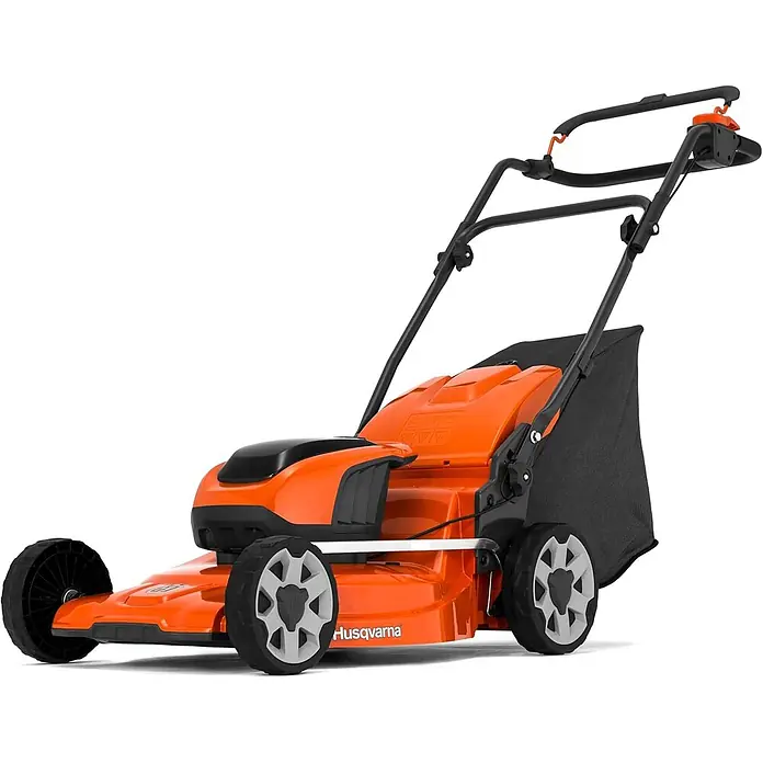 Husqvarna LC 142i Akku-Rasenmäher 42 cm 36V klappbar ohne Akku -  - Oranger und schwarzer Husqvarna-Rasenmäher mit Grasfangkorb und großen Rädern.