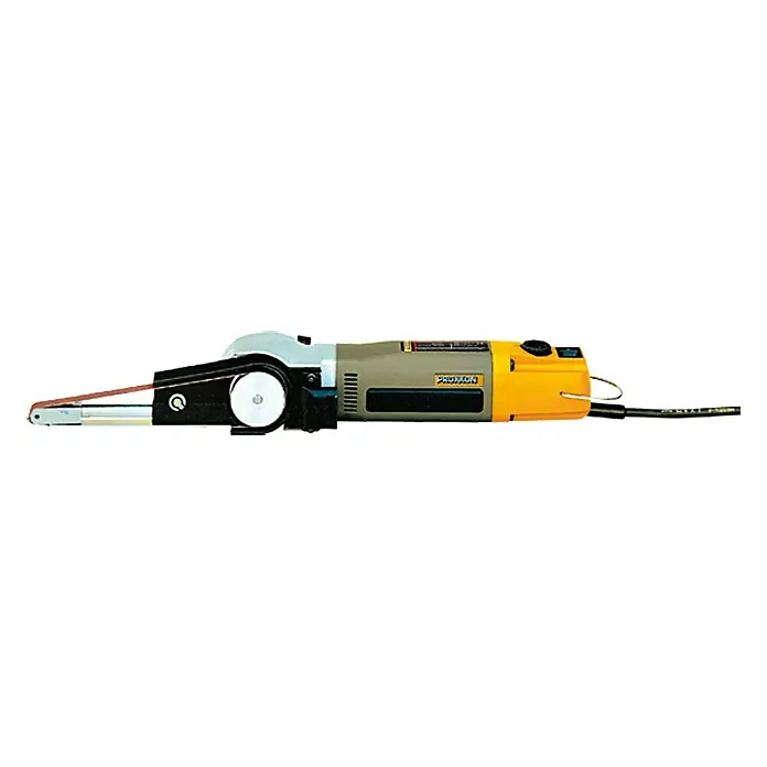 Proxxon Micromot Elektro-Bandschleifer BS/E - 80 W - Die Abbildung zeigt eine detaillierte Aufnahme eines Bandschleifers, der für feine Schleifarbeiten konzipiert ist.
