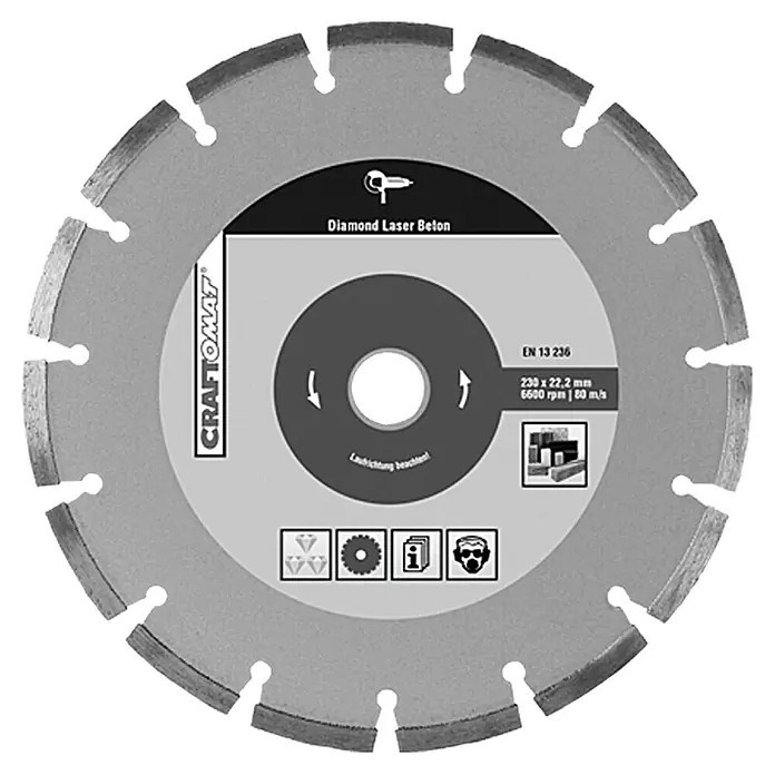 Craftomat Disco de corte Láser - Orificio: 25,4 mm, Diámetro del disco: 350 milímetros (mm) - Primer plano de un disco de corte de diamante Craftomat para hormigón, ideal para cortes precisos con tecnología láser y alta velocidad.