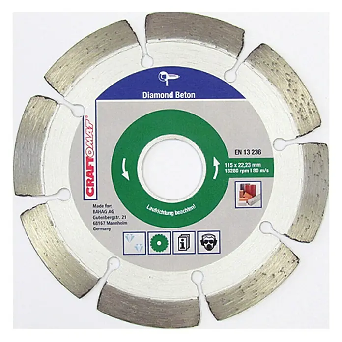 Craftomat Disco de corte Segmentado - Orificio: 22,23 mm, Diámetro del disco: 115 milímetros (mm) - Imagen de un disco de corte de diamante Craftomat Beton, ideal para cortar hormigón, con un tamaño de 115 x 22,23 mm.