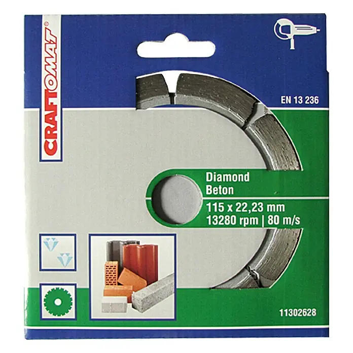 Craftomat Disco de corte Segmentado - Orificio: 22,23 mm, Diámetro del disco: 115 milímetros (mm) - Imagen del disco de corte de diamante para hormigón CRAFTOMAT, 115 x 22,23 mm, diseñado para cortar hormigón, con hasta 13280 rpm y 80 m/s.
