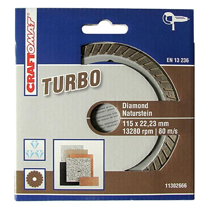 Craftomat Disco de corte Turbo - Diámetro: 115 mm, Orificio: 22,23 mm - Disco de corte de diamante "Turbo" de Craftomat, apto para piedra natural, dimensiones 115 x 22,23 mm, con una velocidad máxima de 13280 rpm.