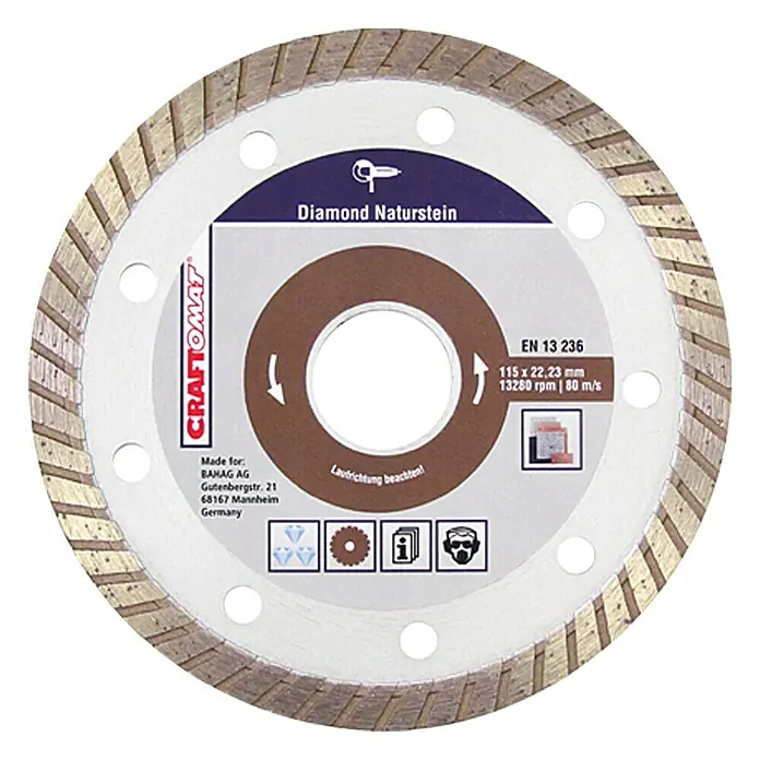 Craftomat Disco de corte Turbo - Diámetro: 115 mm, Orificio: 22,23 mm - Disco de corte Craftomat Diamond Naturstein con un diámetro de 115 mm y una velocidad máxima de 13280 rpm.
