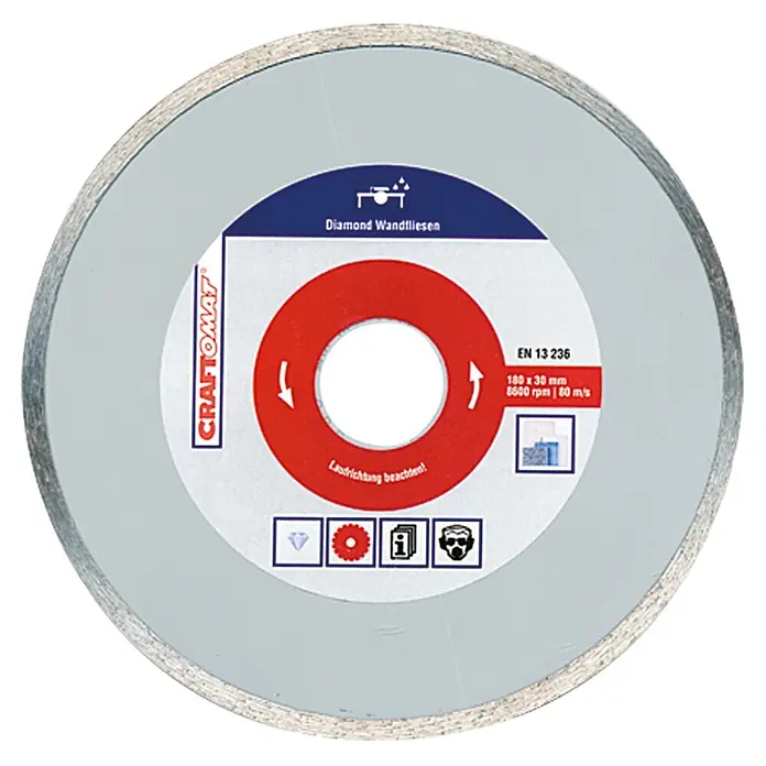 Craftomat Disco de corte - Ø x Es: 180 x 2,3 mm, Orificio: 30 mm - Imagen de un disco de corte de diamante Craftomat para azulejos de pared, ideal para cortar con precisión a alta velocidad y velocidad de corte.