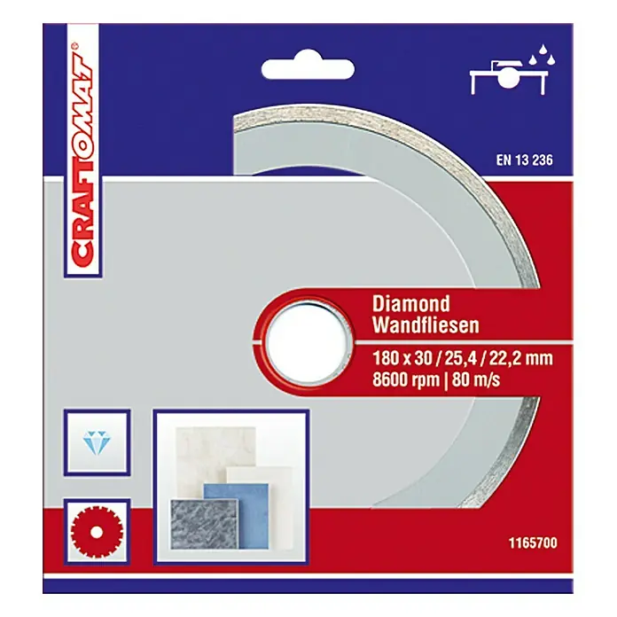 Craftomat Disco de corte - Ø x Es: 180 x 2,3 mm, Orificio: 30 mm - Imagen de un disco de corte de diamante Craftomat para azulejos de pared, 180 x 30/25,4/22,2 mm, 8600 rpm | 80 m/s.