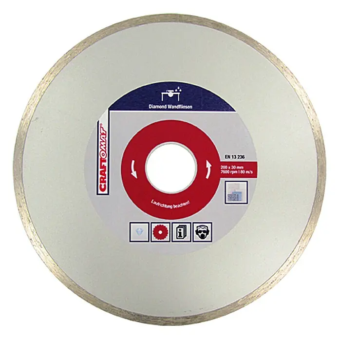 Craftomat Disco de corte - Ø x Es: 200 x 2,3 mm, Orificio: 30 mm - La imagen muestra un disco de corte de diamante Craftomat para azulejos de pared con un diámetro de 200 mm.