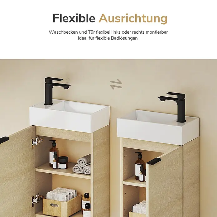Badmöbel-Set BV1 -  - Hellholz-Badunterschrank mit weißem Keramikwaschbecken und schwarzem Wasserhahn, flexibel links oder rechts montierbar.