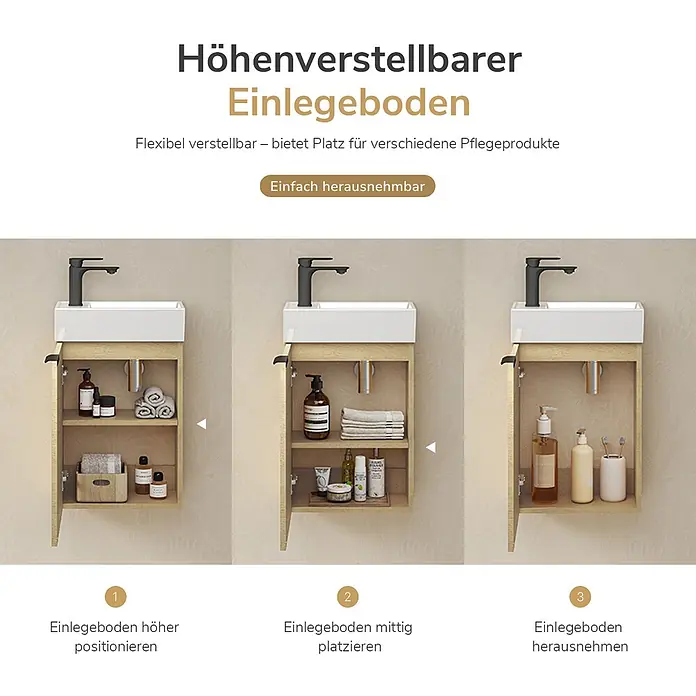 Badmöbel-Set BV1 -  - Badezimmerschrank mit höhenverstellbarem, herausnehmbarem Holzboden für flexible Aufbewahrung von Pflegeprodukten.