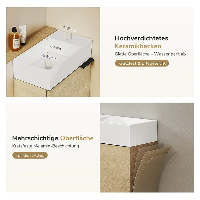 Badmöbel-Set BV1 -  - Ein weißes, rechteckiges Keramikwaschbecken auf einem hellen Holzwaschtisch mit kratzfester Melaminbeschichtung.