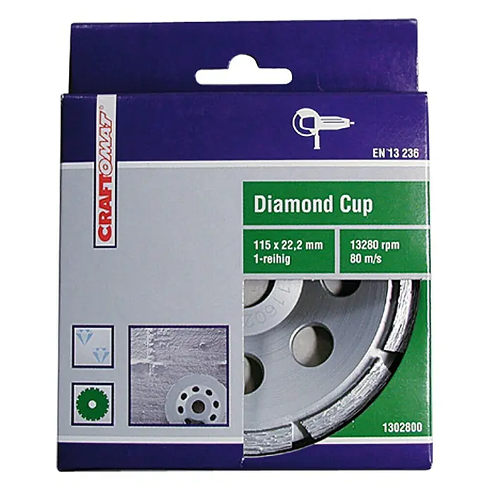 Craftomat Disco de apoyo - Orificio: 22,23 mm, Diámetro del disco: 115 milímetros (mm) - Imagen de una muela de copa diamantada Craftomat en su embalaje. Adecuado para rectificar hormigón y piedra.