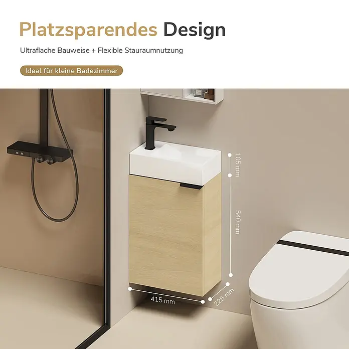 Badmöbel-Set BV1 -  - Kompakter Badezimmer-Waschtischunterschrank mit hellem Holzfinish und weißem Waschbecken, ideal für kleine Räume.