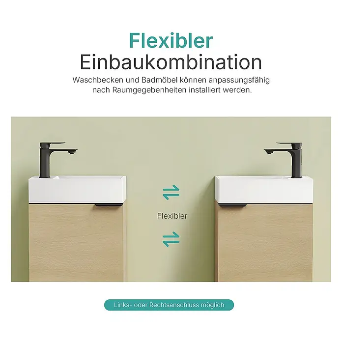 Badmöbel-Set BV1 -  - Flexible Waschtischkombination aus hellem Holzschrank, weißem Keramikbecken und schwarzem Wasserhahn, links- oder rechtsseitig montierbar.