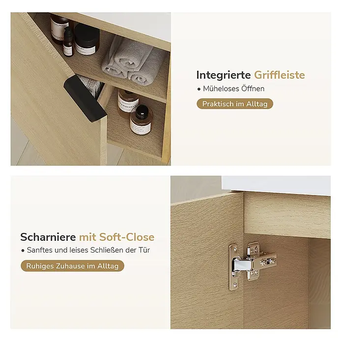 Badmöbel-Set BV1 -  - Detailaufnahme einer hellen Holzschranktür mit integrierter Griffleiste und Soft-Close-Scharnier.