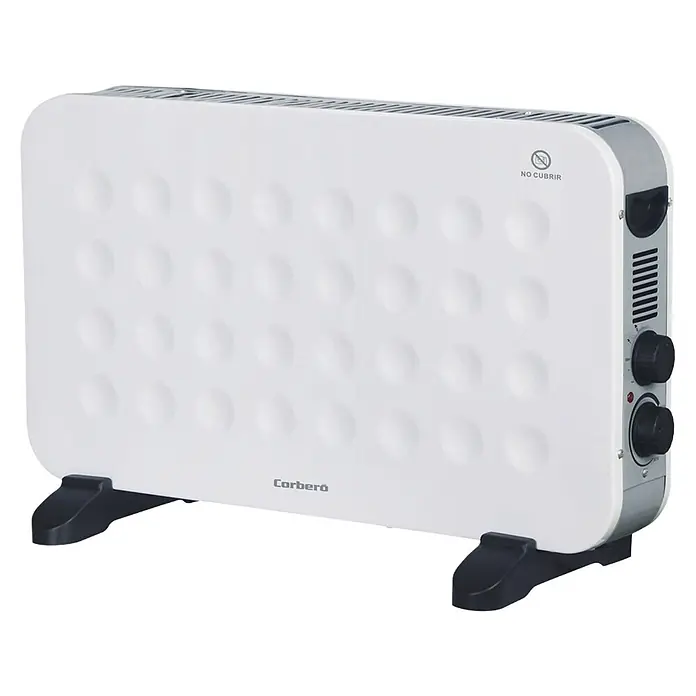 Corberó Convector CCONM2000B - 1.250 W - 2.000 W, 26 x 62 x 38,5 mm, Blanco - Calefactor eléctrico de panel blanco con frontal texturizado, borde plateado y perillas de control.