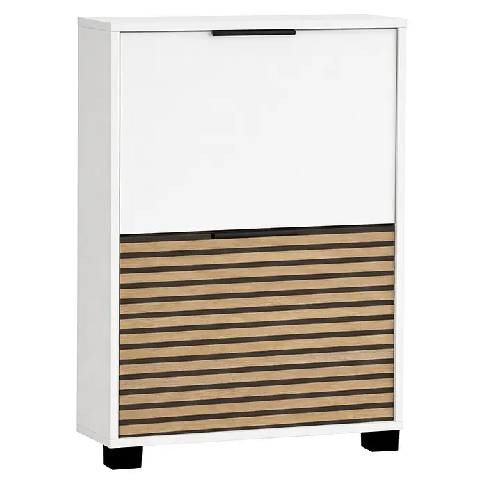Schildmeyer Loft Schuhregal - L x B x H: 19,5 x 59,8 x 85,7 cm, Weiß - Weißer Schuhschrank mit einer weißen Ober- und einer holzlamellenförmigen Untertür mit schwarzen Griffen.