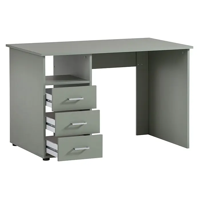 Schildmeyer Niels Schreibtisch - L x B x H: 70 x 116 x 74 cm, Holzwerkstoff, Pistazie - Hellgrauer Schreibtisch mit drei teilweise geöffneten Schubladen und einem offenen Regal zur Aufbewahrung.